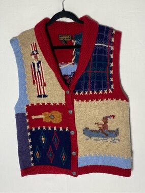 Vintage 1992 Eddie Bauer Americana Patchwork Wool Sweater Vest Shawl Collar S